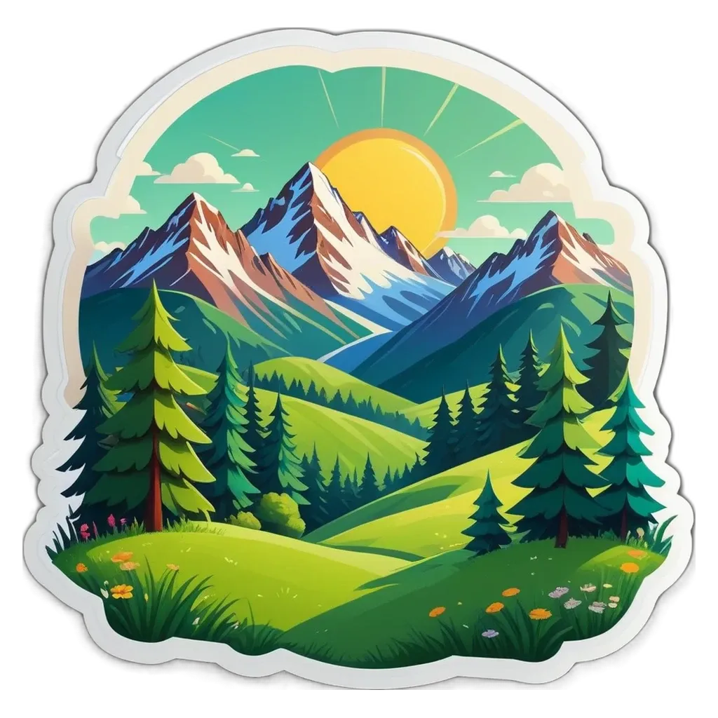 A landscape picture with a sun and mountains in it.