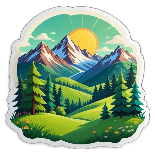 A landscape picture with a sun and mountains in it.