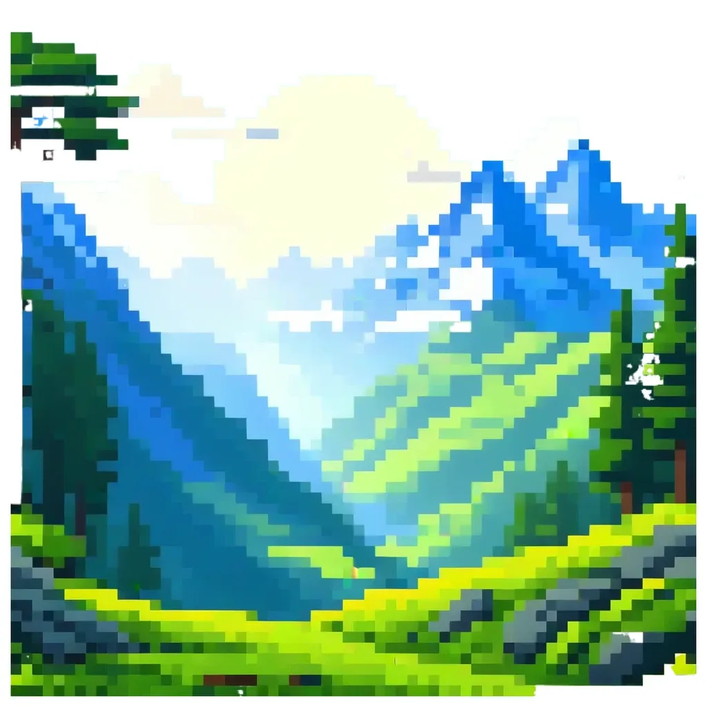 A landscape is shown with trees and mountains in the background.