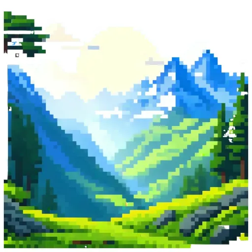 A landscape is shown with trees and mountains in the background.