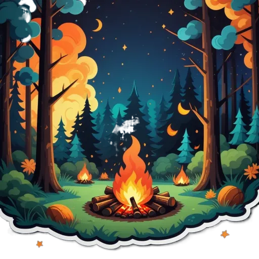 A scene of a campfire in the woods with trees in the background.
