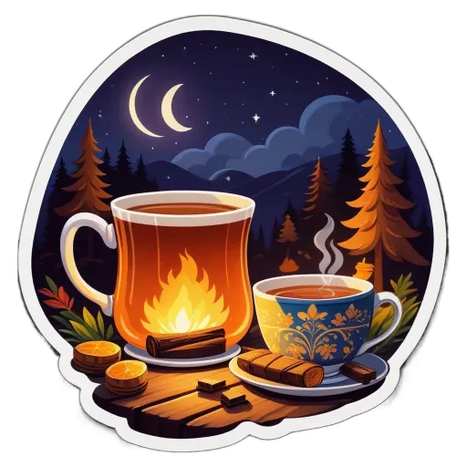 A cup of coffee next to a fire and a plate of oranges.