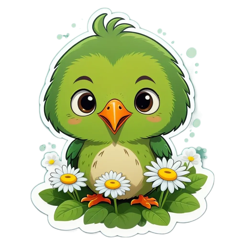 A cartoon green bird sitting on flowers.