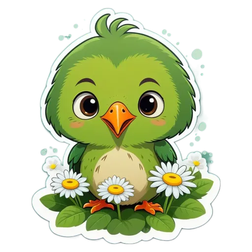 A cartoon green bird sitting on flowers.