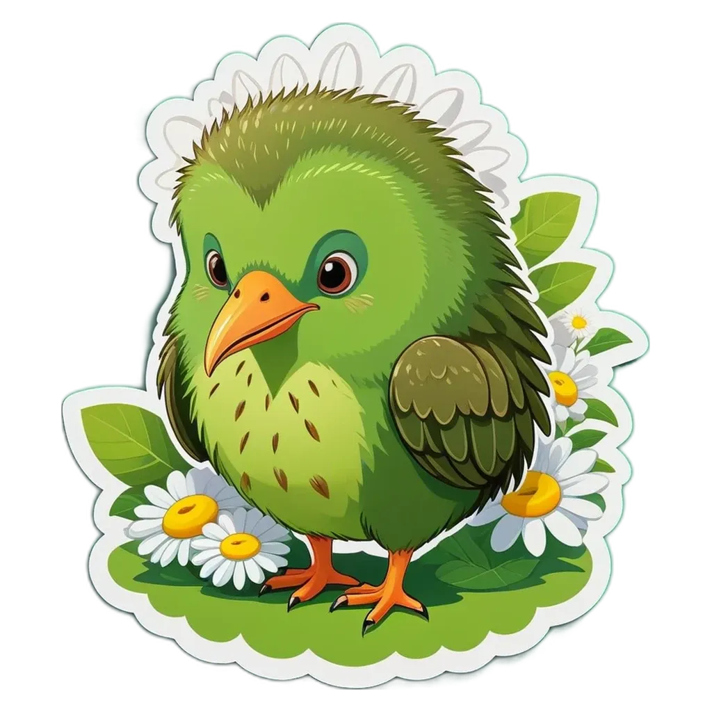 A green bird with yellow eyes is standing on a field of flowers.