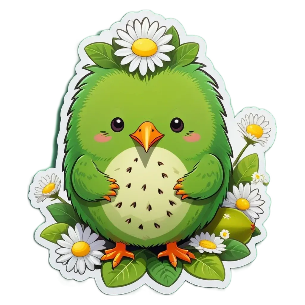 A green bird is holding a piece of fruit in its beak.