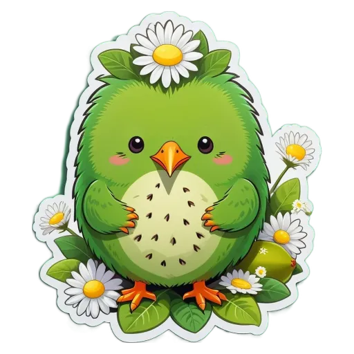 A green bird is holding a piece of fruit in its beak.