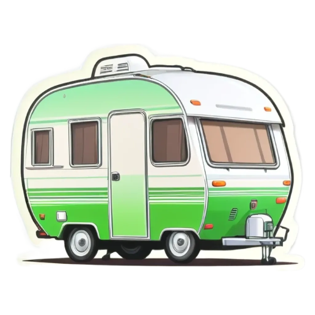 A green and white camper with the door closed.