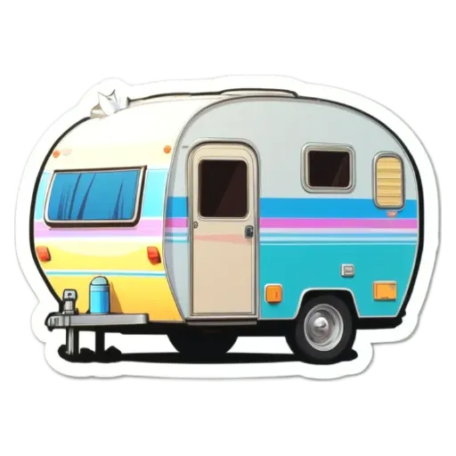 A colorful trailer with the door open.