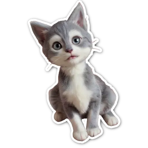 A grey and white kitten looking up with big blue eyes.