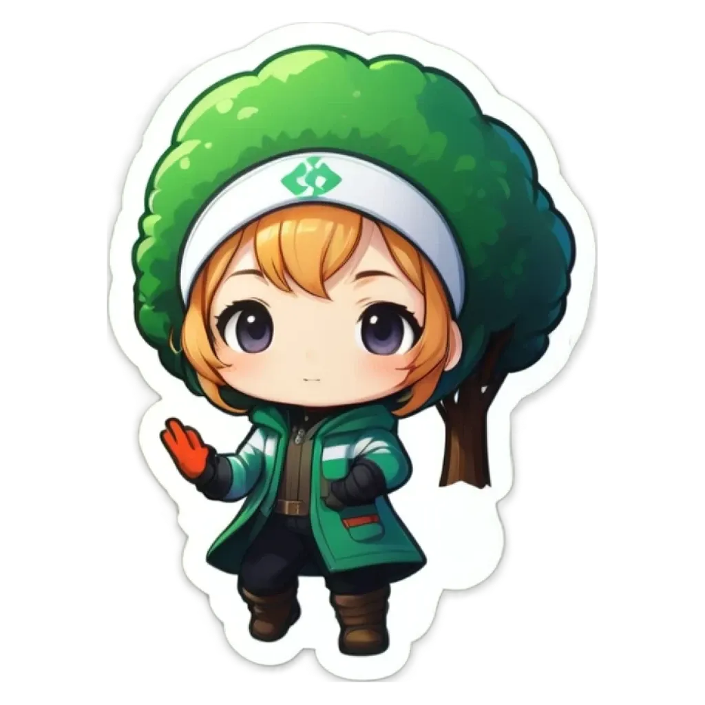 A girl is wearing a green coat and hat and is holding her hand up.