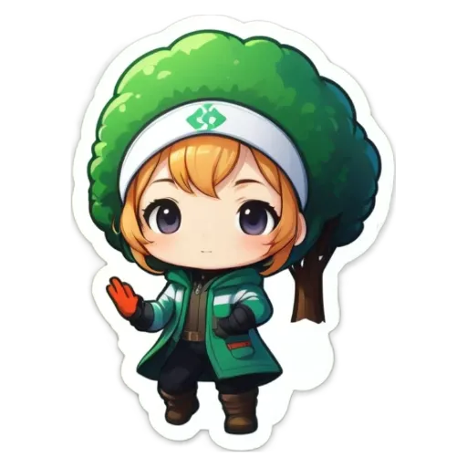 A girl is wearing a green coat and hat and is holding her hand up.