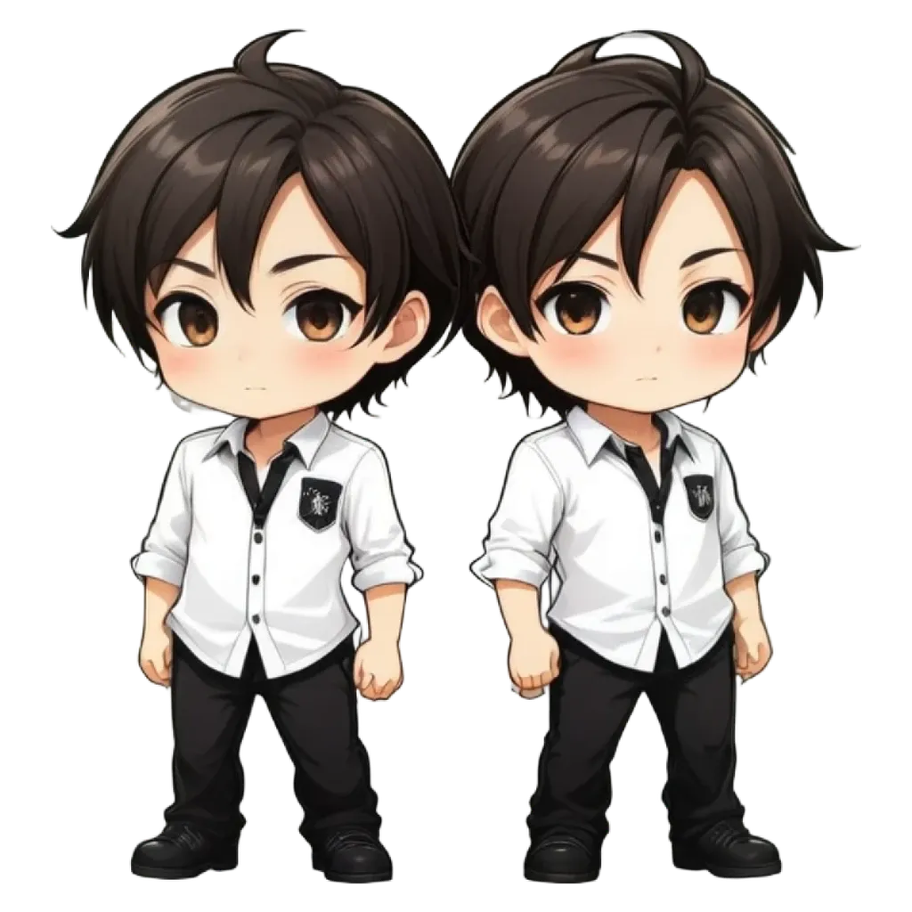Two boy characters that are the same except for their hair.