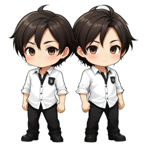 Two boy characters that are the same except for their hair.