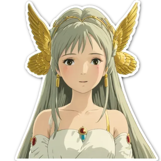 A gray haired woman with gold winged earrings and a white dress.