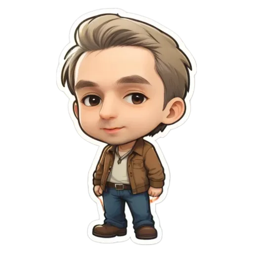 A boy is wearing a brown jacket and blue jeans.