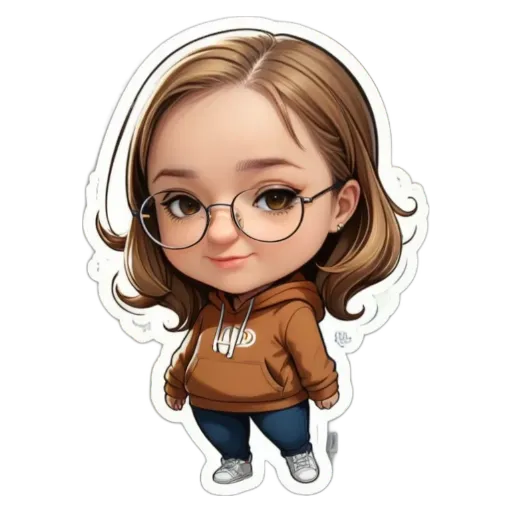 A cartoon girl wearing glasses and a brown jacket that says LPD.