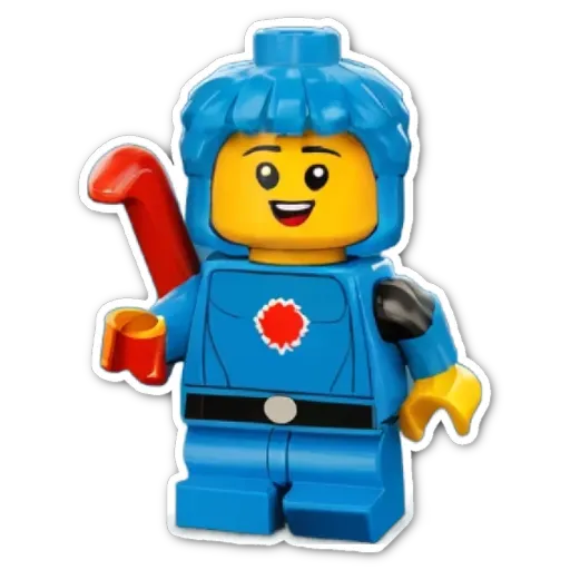 A blue lego person holding a red and white object.