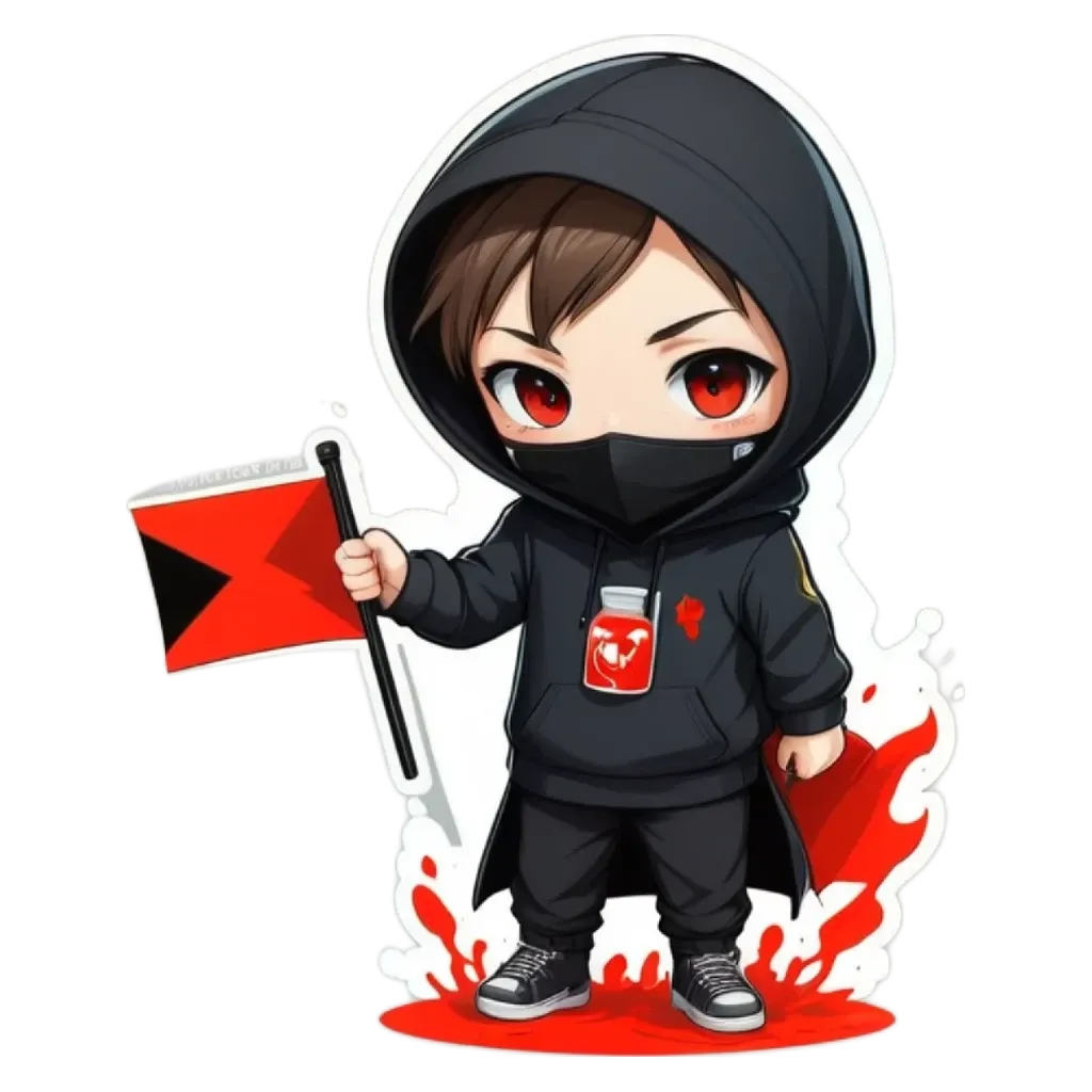 A character wearing black clothing and a mask holding a red flag.