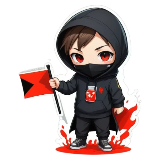 A character wearing black clothing and a mask holding a red flag.