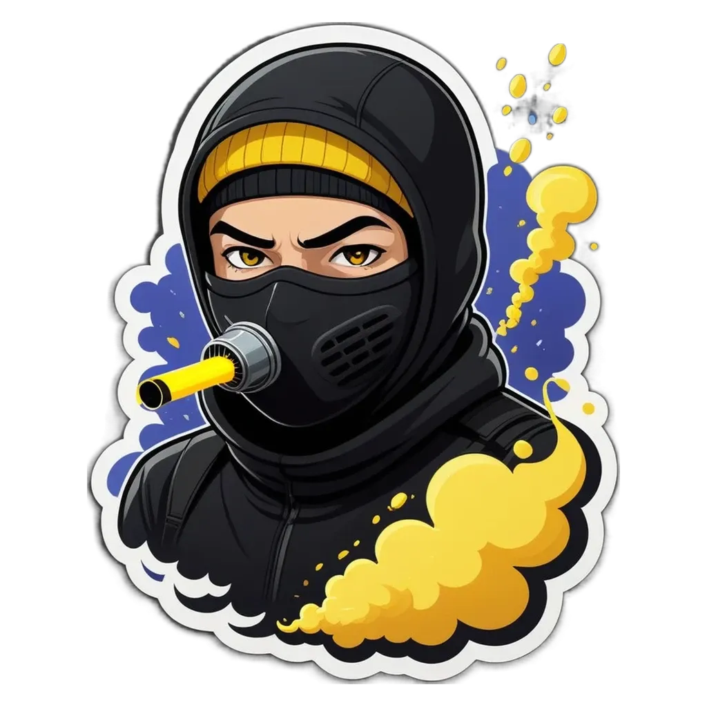 A sticker of a person with a mask and yellow teeth who is holding a Nerf gun.