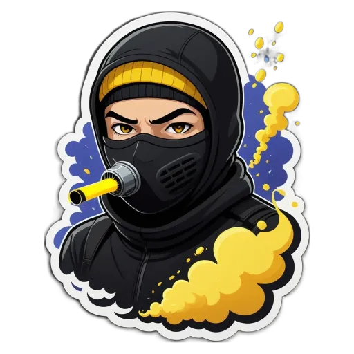 A sticker of a person with a mask and yellow teeth who is holding a Nerf gun.