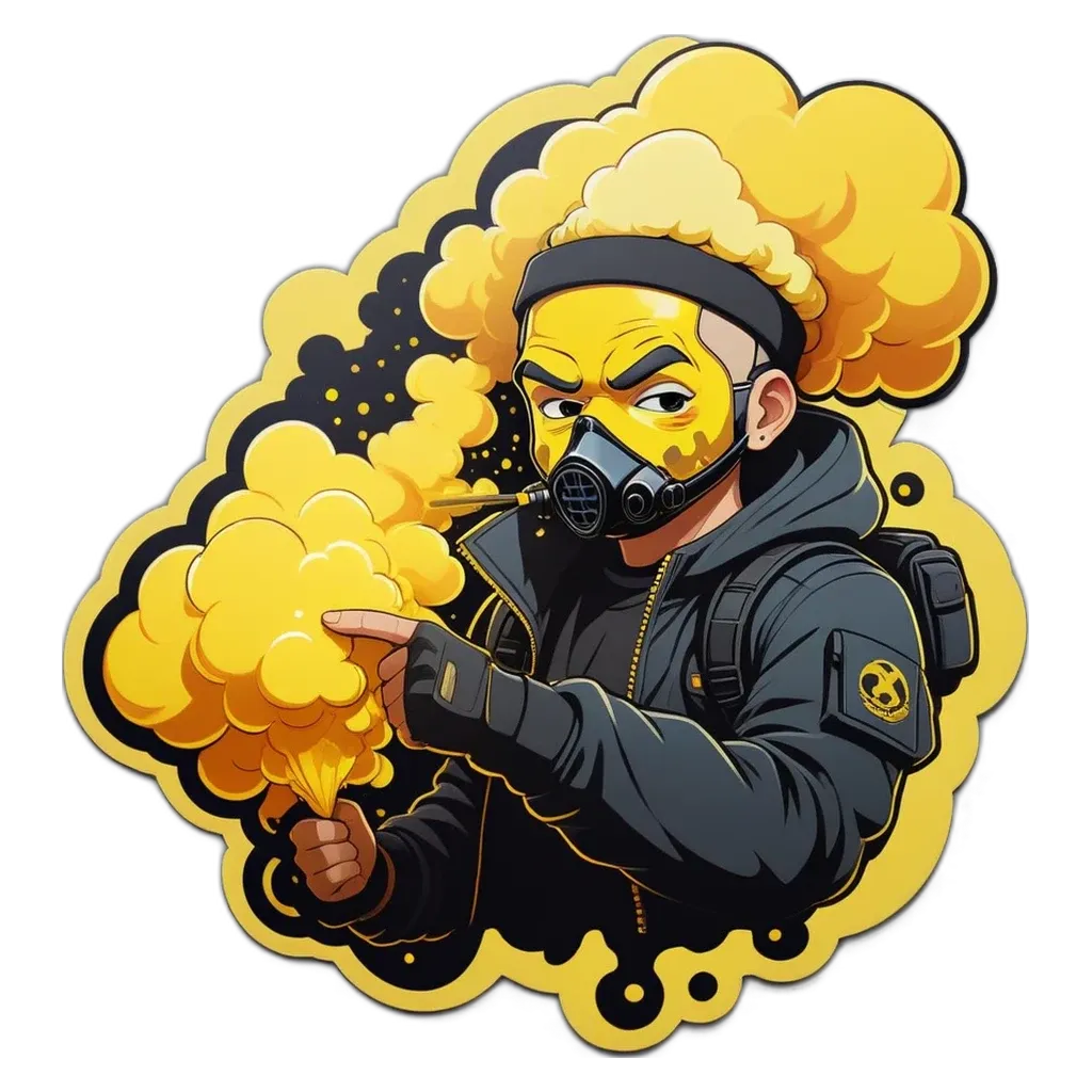 A cartoon depiction of a man with a gas mask and yellow smoke coming out of his mouth.
