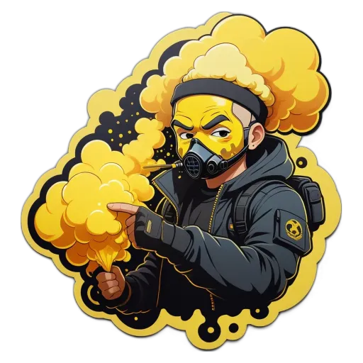 A cartoon depiction of a man with a gas mask and yellow smoke coming out of his mouth.