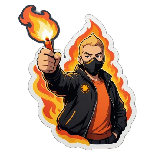 A cartoon depiction of a man with a torch and a mask on his face.