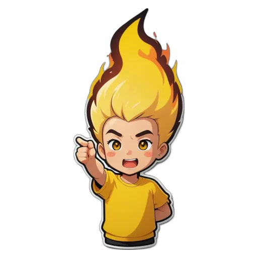 A boy with a sticker that has a fire on it pointing to his finger.