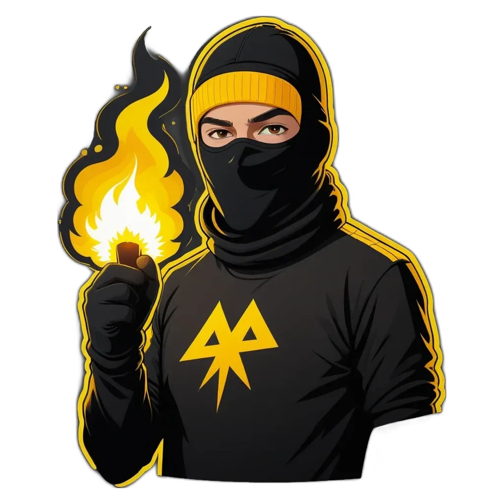 A person wearing a black mask and holding a lighter.