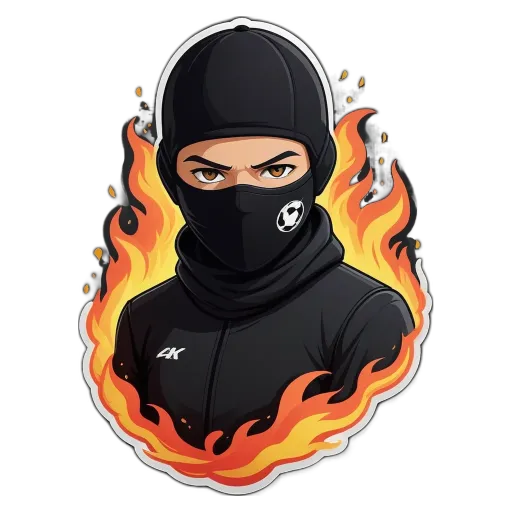 An animated character of a person wearing a scarf and a hat with a logo on their face.