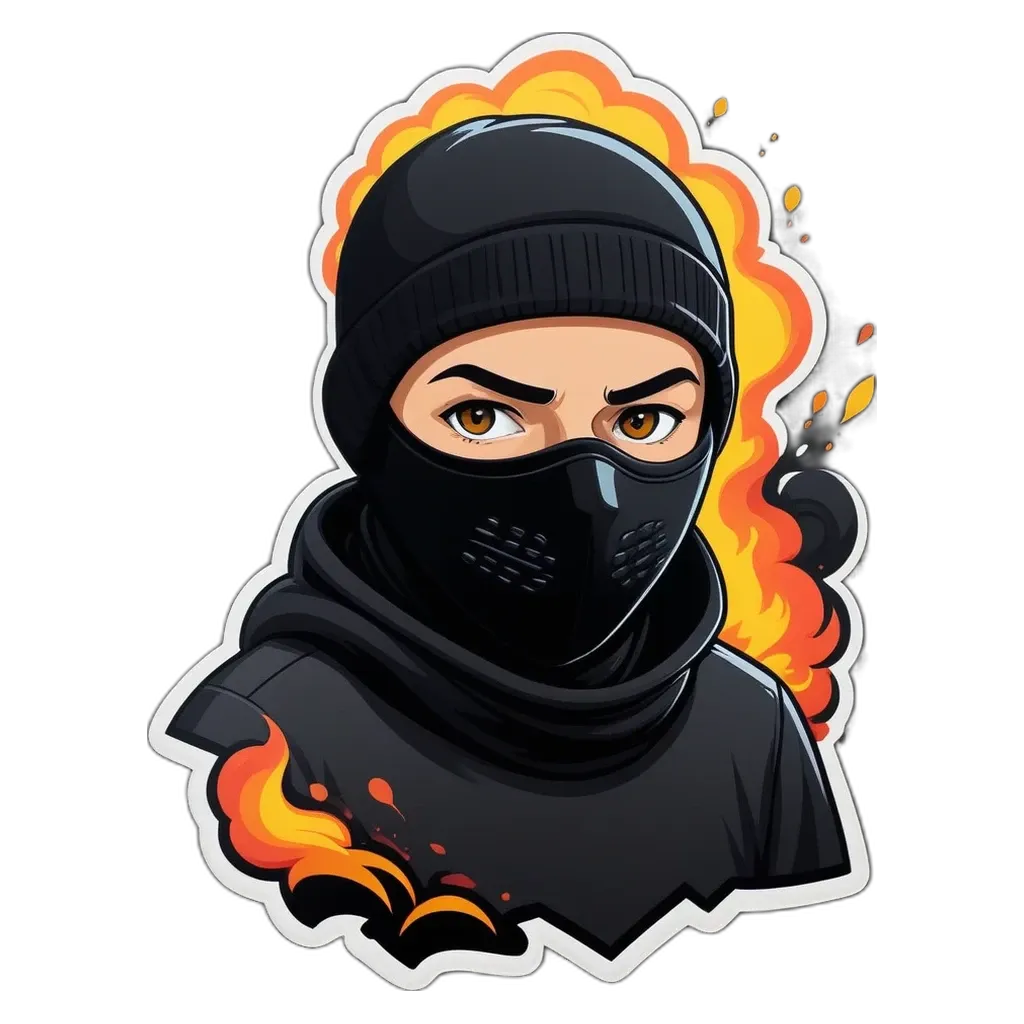A graphic of a person wearing a mask and a black coat.