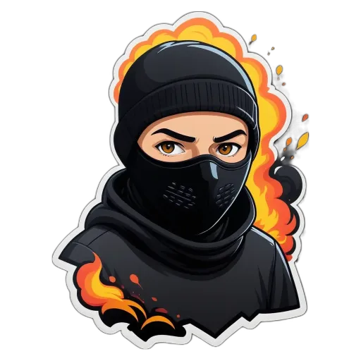 A graphic of a person wearing a mask and a black coat.