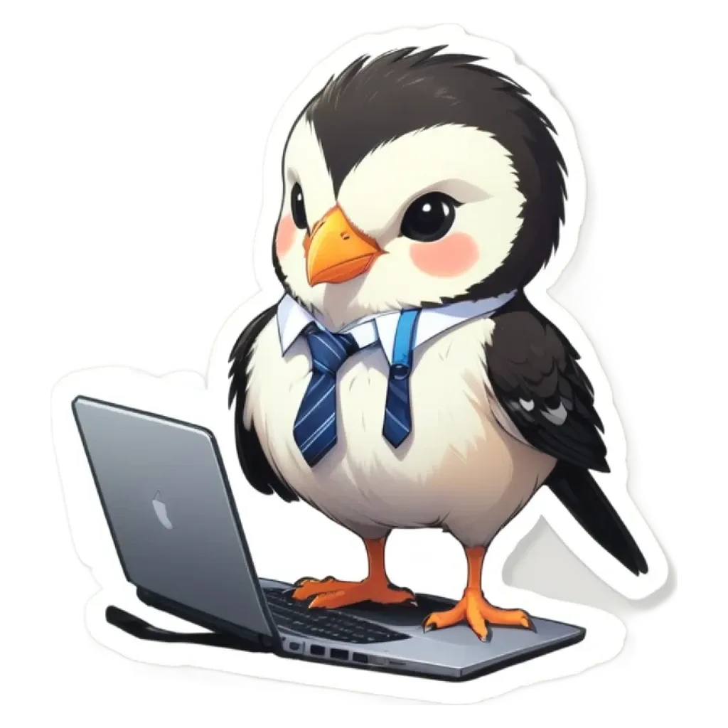A cartoon bird standing on a laptop computer.