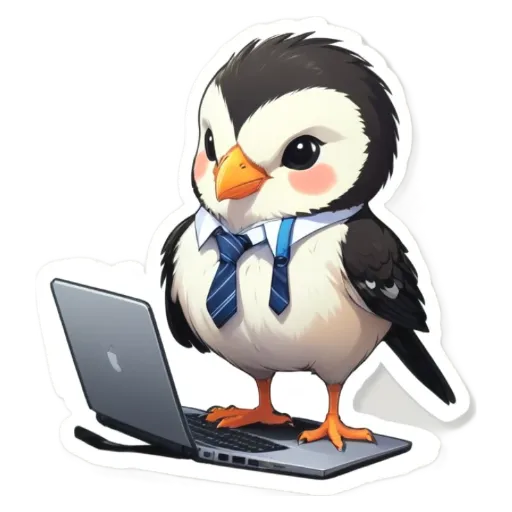 A cartoon bird standing on a laptop computer.