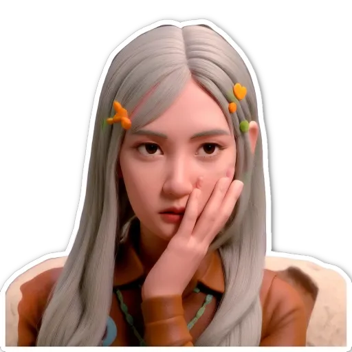 A gray haired girl with a pink heart on her left cheek.