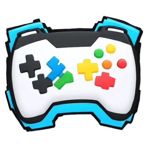 A blue and white controller with a black button on the bottom left.