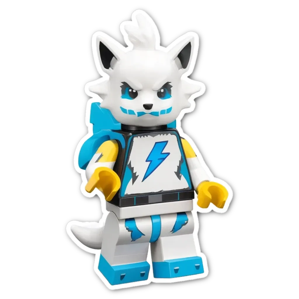 A lego figure with blue and white clothing and red eyes.