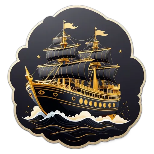 A decorative sticker of a ship on a black background.
