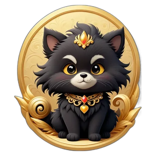 A cartoon picture of a cat with a golden collar and a tiara.