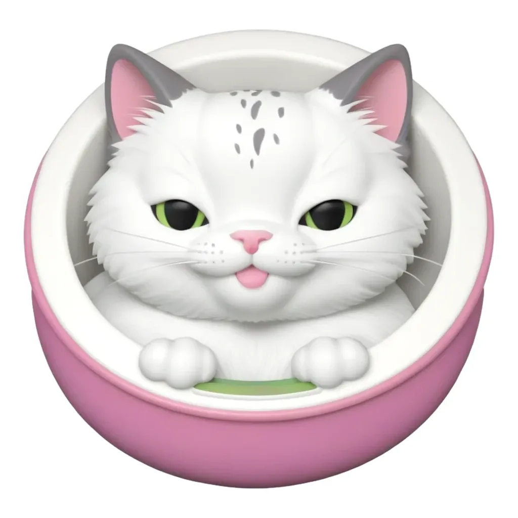 A cat in a bowl with a pink and white rimmed bowl.