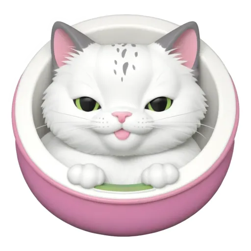 A cat in a bowl with a pink and white rimmed bowl.