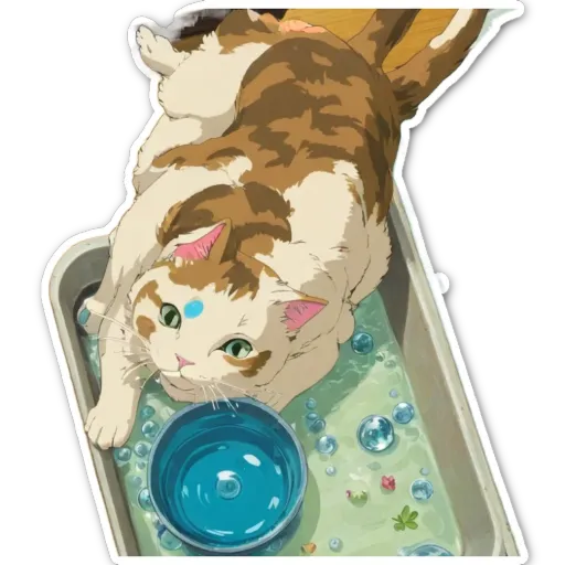 A cat in a pan with a blue bowl and bubbles.
