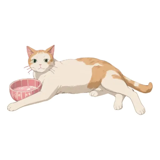 A cat laying on a black and white background with a pink bowl.