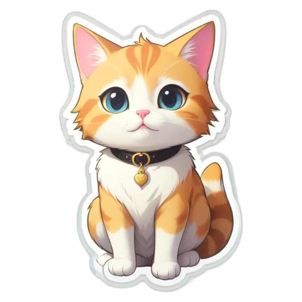 A cartoon cat with a heart necklace is sitting on a white surface.