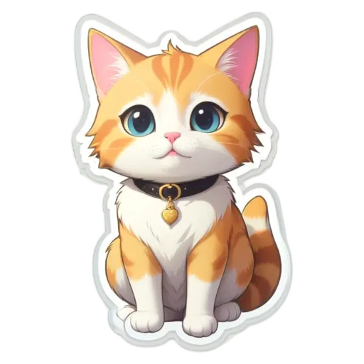 A cartoon cat with a heart necklace is sitting on a white surface.