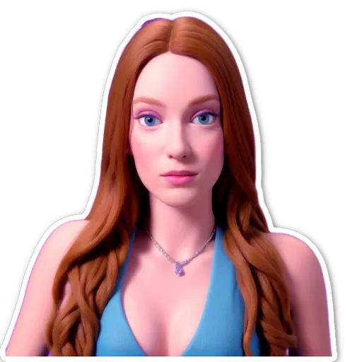 A woman with blue dress has a necklace around her neck.