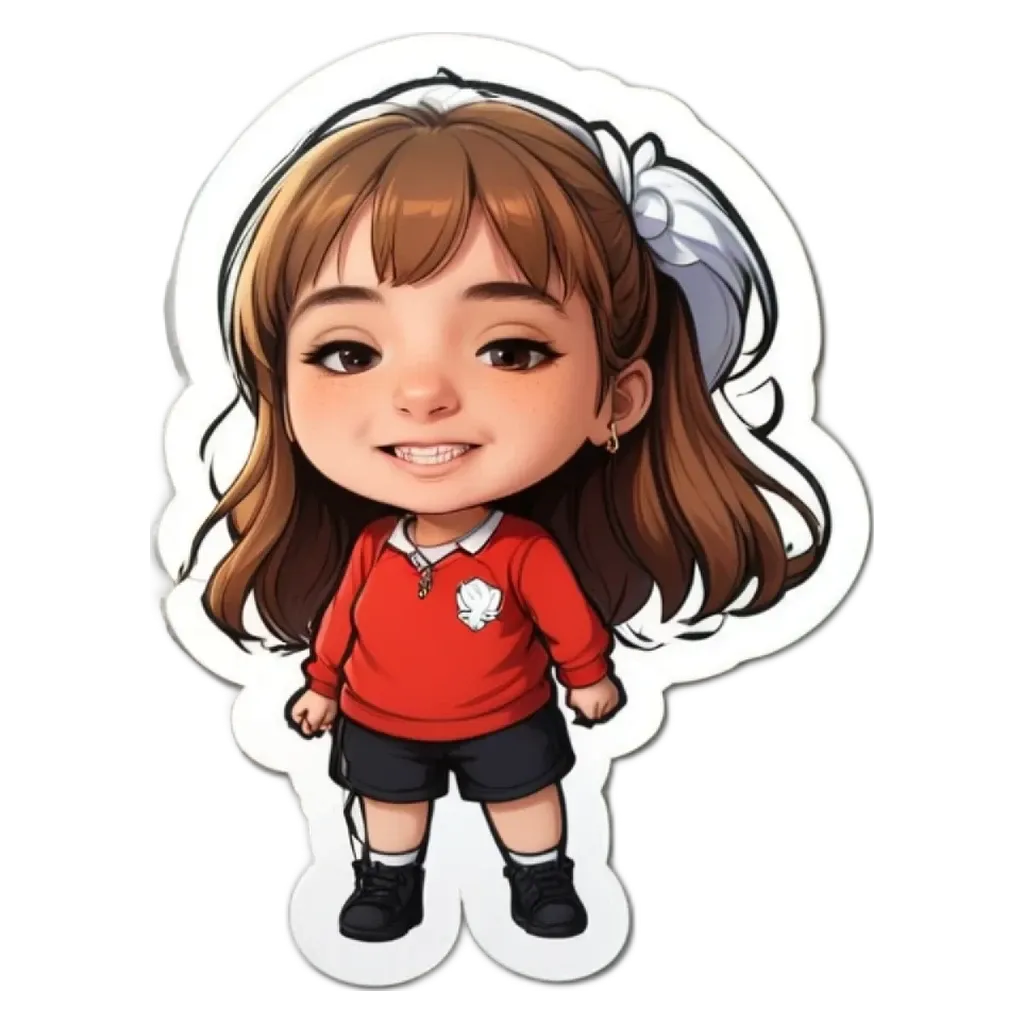 A girl wearing a red shirt and black shorts.