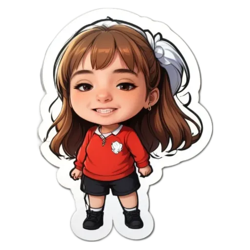 A girl wearing a red shirt and black shorts.